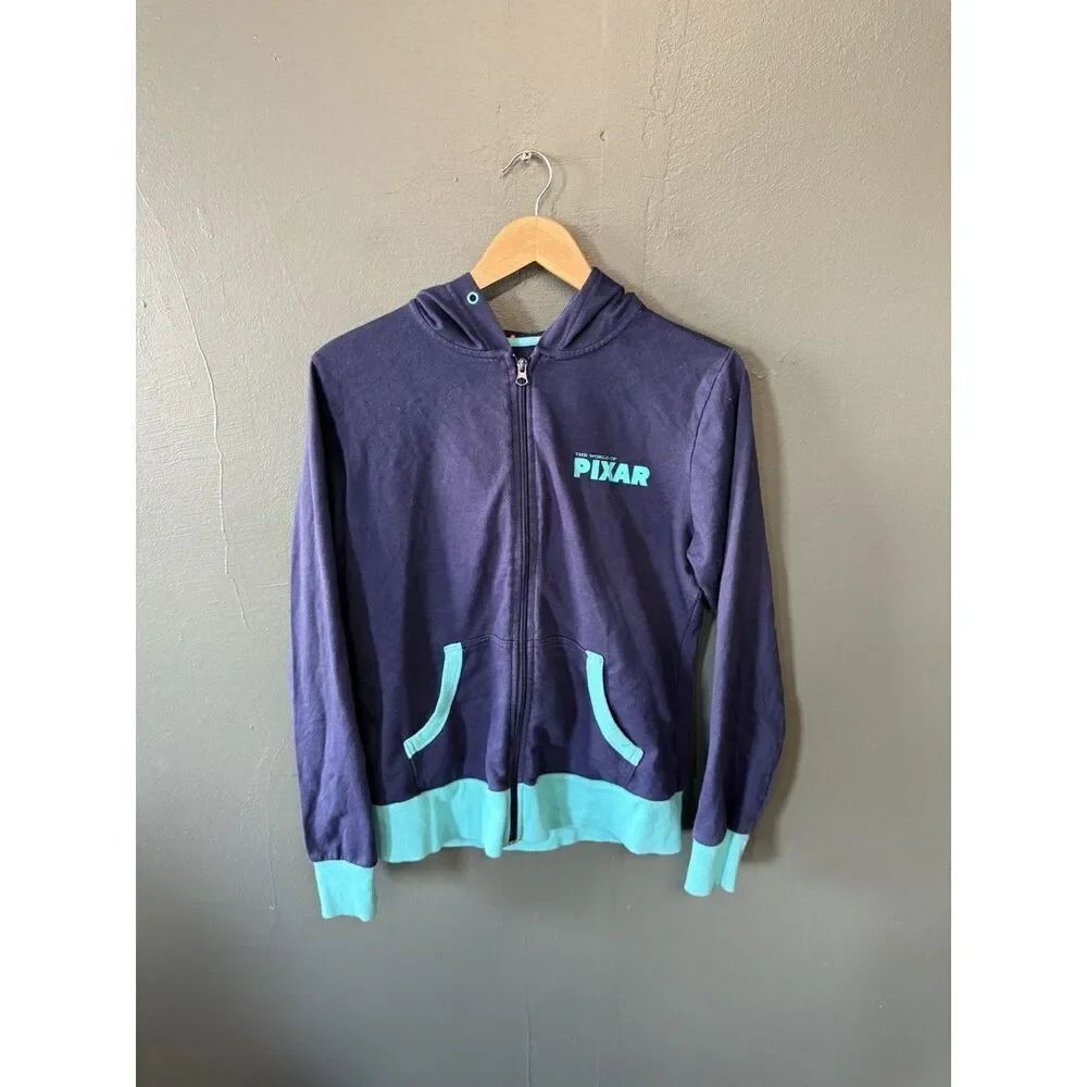 Disney Pixar Womens Blue Full Zip Graphic Hooded Sweatshirt Size Medium